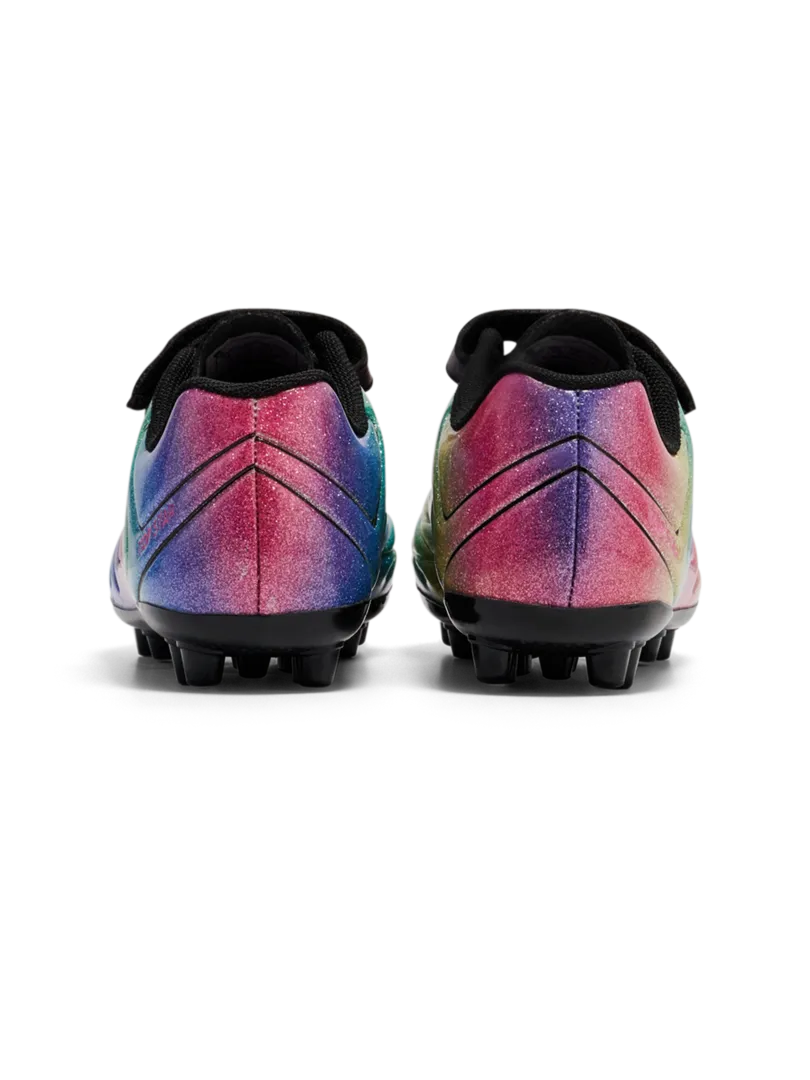 A multi ground football boot by Hummel, style Top Star M.G VC 2.0 JR 236169-3638 in Pink-A-Boo with velcro strap and elastic lace. Back view of pair