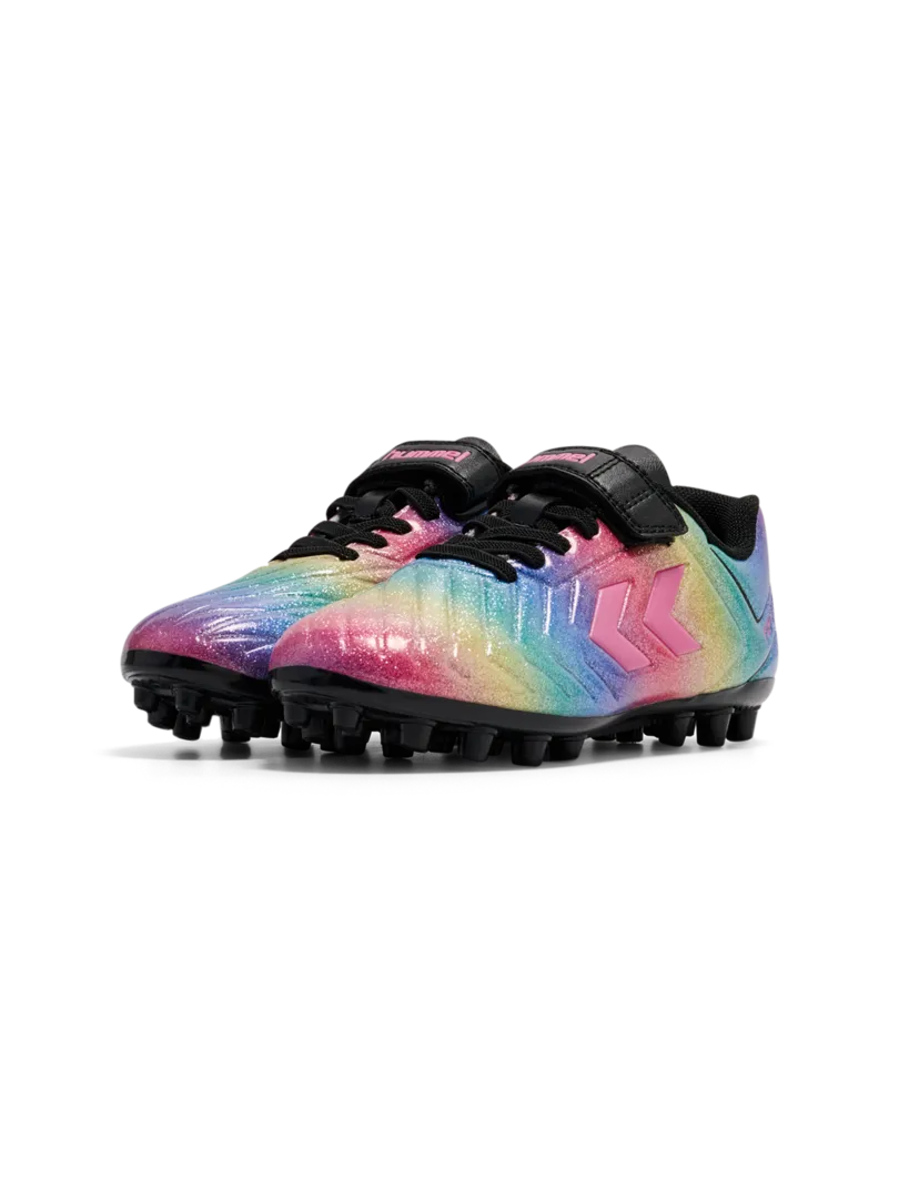 A multi ground football boot by Hummel, style Top Star M.G VC 2.0 JR 236169-3638 in Pink-A-Boo with velcro strap and elastic lace. Angled view of pair