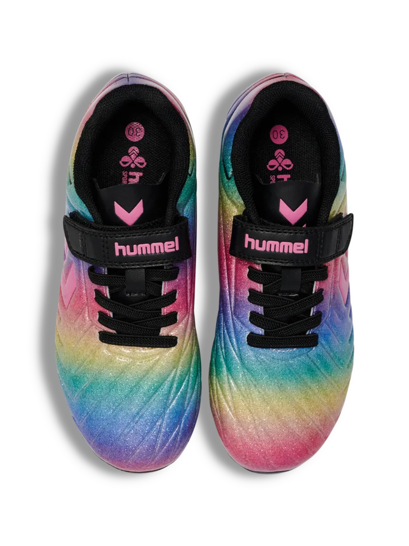 A multi ground football boot by Hummel, style Top Star M.G VC 2.0 JR 236169-3638 in Pink-A-Boo with velcro strap and elastic lace. Top view of pair
