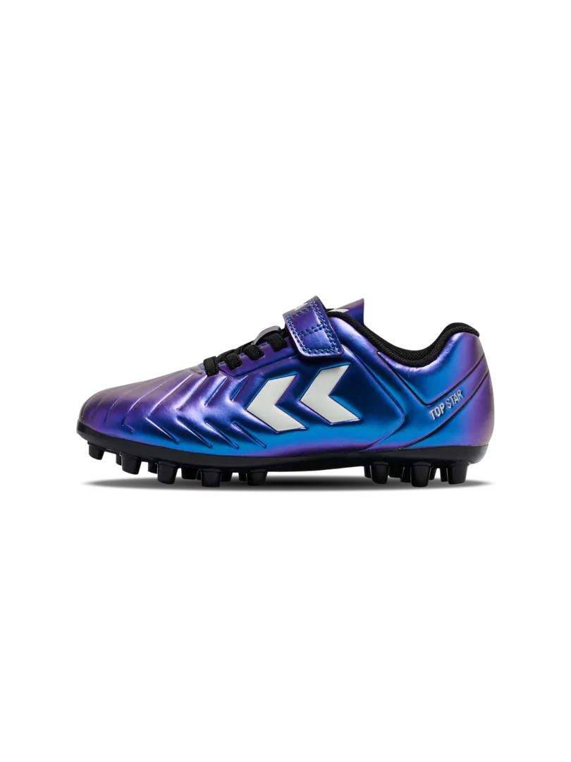 A multi ground football boot by Hummel, style Top Star M.G JR 236169-9639 in White Multi with lace fastening. Right side view.