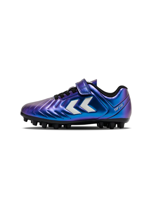 A multi ground football boot by Hummel, style Top Star M.G JR 236169-9639 in White Multi with lace fastening. Right side view.