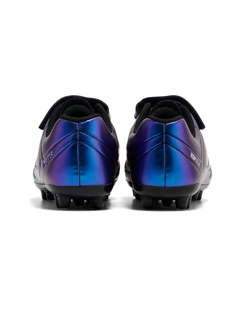A multi ground football boot by Hummel, style Top Star M.G JR 236169-9639 in White Multi with lace fastening. Back view of pair.