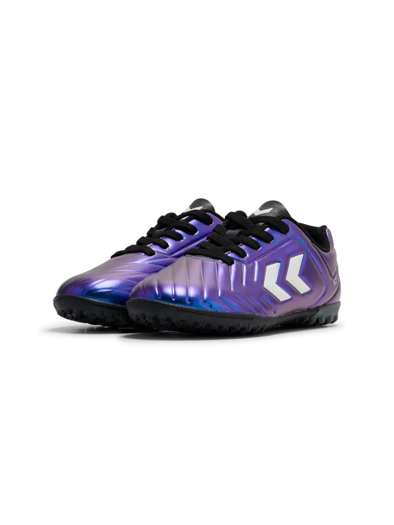 A hard ground/astro turf football boot by Hummel, style Top Star Turf LC 2.0 JR 234864-9639 in White Multi with laces. Side view of pair