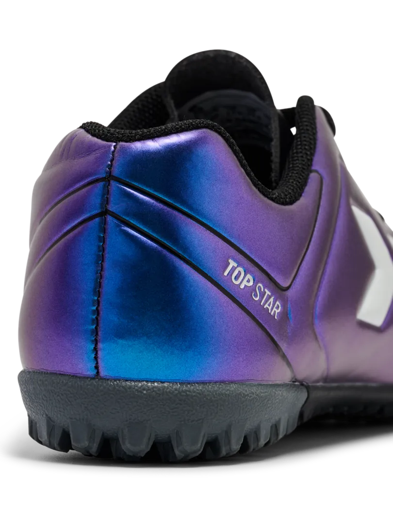 A hard ground/astro turf football boot by Hummel, style Top Star Turf LC 2.0 JR 234864-9639 in White Multi with laces. Zoomed back view