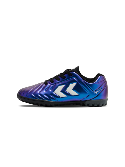 A hard ground/astro turf football boot by Hummel, style Top Star Turf LC 2.0 JR 234864-9639 in White Multi with laces. Right side view