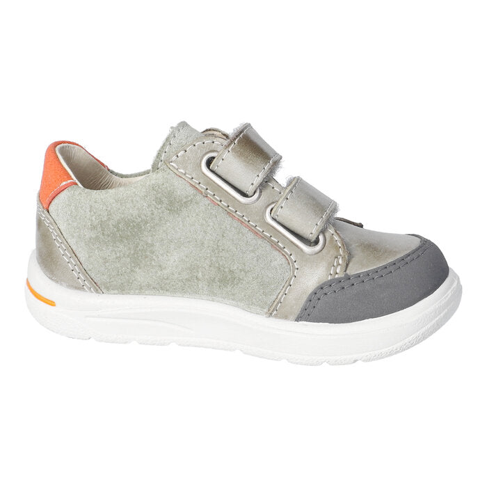 A boys casual shoe by Ricosta, style Jamie in eucalyptus with orange stitching on side and orange ankle and two velcro straps. Inner left side view