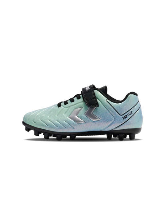 A multi ground football boot by Hummel, style Top Star M.G VC 2.0 JR 236169-7162 in Allure with velcro strap and elastic lace. Right side view.