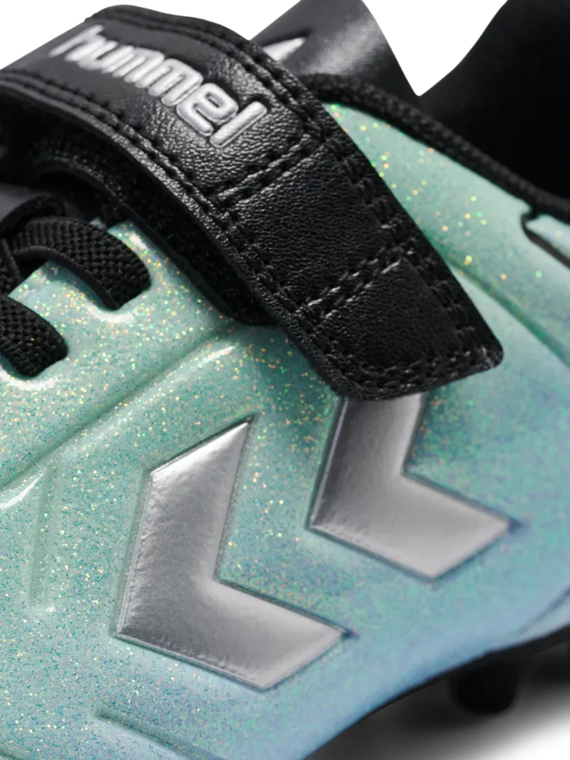 A multi ground football boot by Hummel, style Top Star M.G VC 2.0 JR 236169-7162 in Allure with velcro strap and elastic lace. Zoomed image of branding