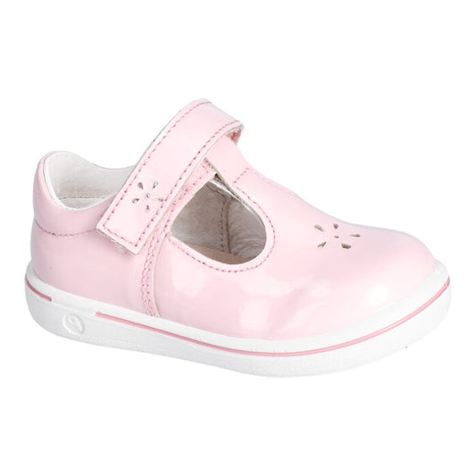A girls T-Bar shoe by Ricosta, style Winona, in pale pink patent with velcro fastening. Right side view.