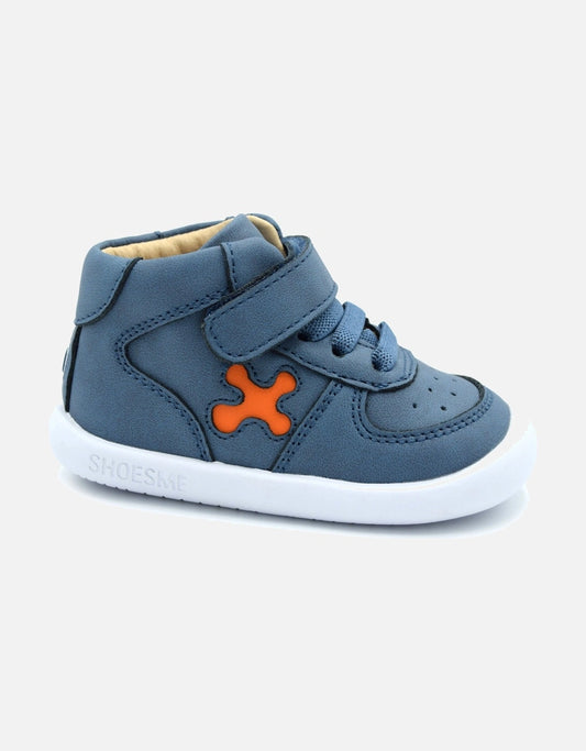 A boys mid-top shoe by Shoesme, style BF24SO14-B, in blue with orange motif on side. single velcro fastening and bungee lace. Right side view.