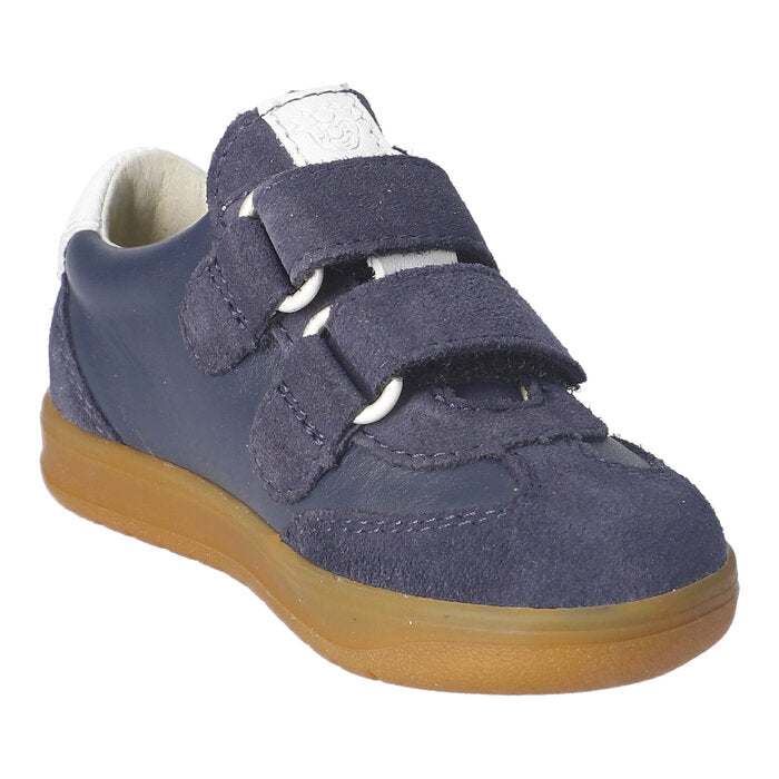 A boys casual shoe by Ricosta, style Dakota in nautic with two velcro straps and white stripe detail on side. Left side view