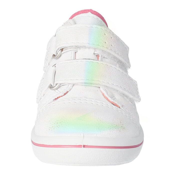 A girls casual shoe by Ricosta, style Lenie, in white iridescent with pink trim, double velcro fastening. Front view.