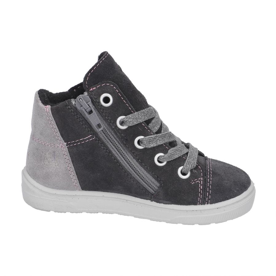 A girls waterproof ankle boot by Ricosta, style Mel, indark grey with ilght grey and pink trim, lace/inside zip. Inner left side view.
