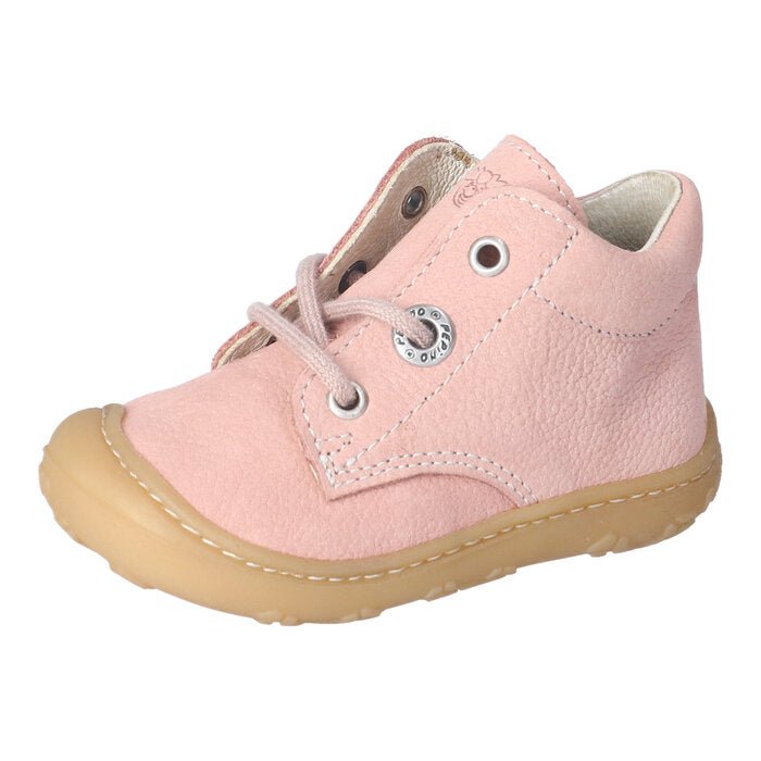 A girls ankle boot by Ricosta, style Cory in pink/barbados, with pink laces and toe and heel bumpers. Left side view