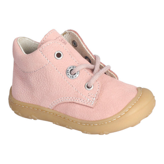 A girls ankle boot by Ricosta, style Cory in pink/barbados, with pink laces and toe and heel bumpers. Left side view