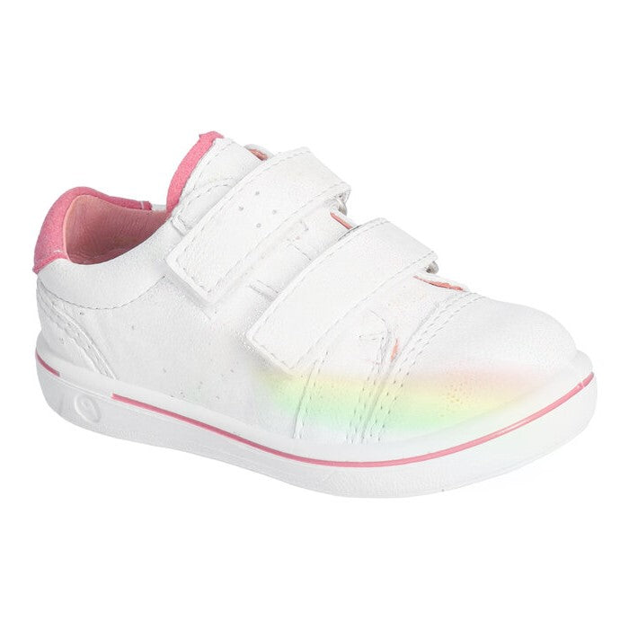 A girls casual shoe, style Lenie, in white iridescent with pink trim, double velcro fastening. Right side view.