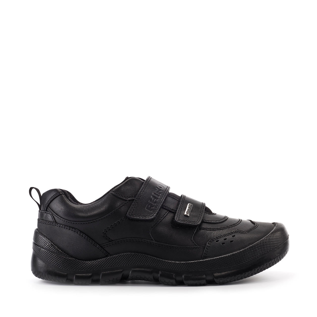 A boys waterproof school shoe by Start Rite, style Trooper, in black leather with double velcro fastening. Right side view.
