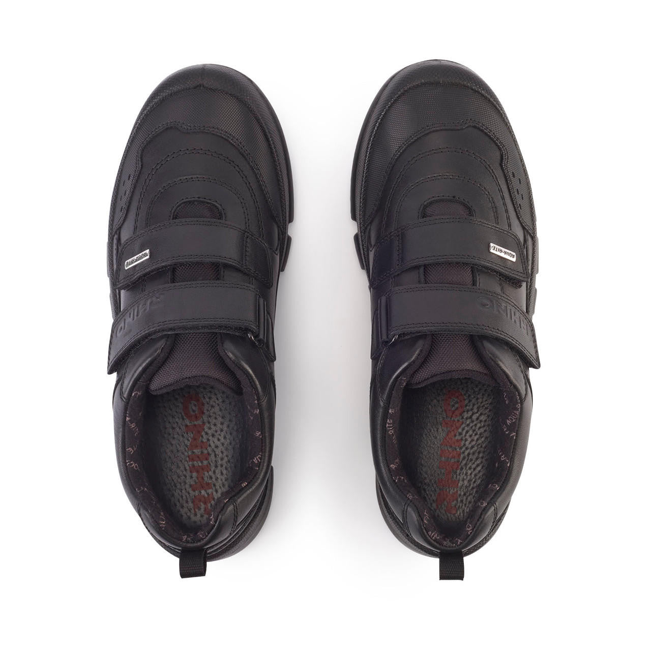 A pair of boys waterproof school shoes by Start Rite, style Trooper, in black leather with double velcro fastening. View from above..