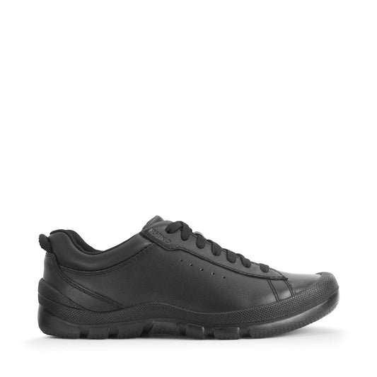 A boys casual school shoe by Start Rite, style Rhino Challenger, in black leather with lace fastening. Right side view.