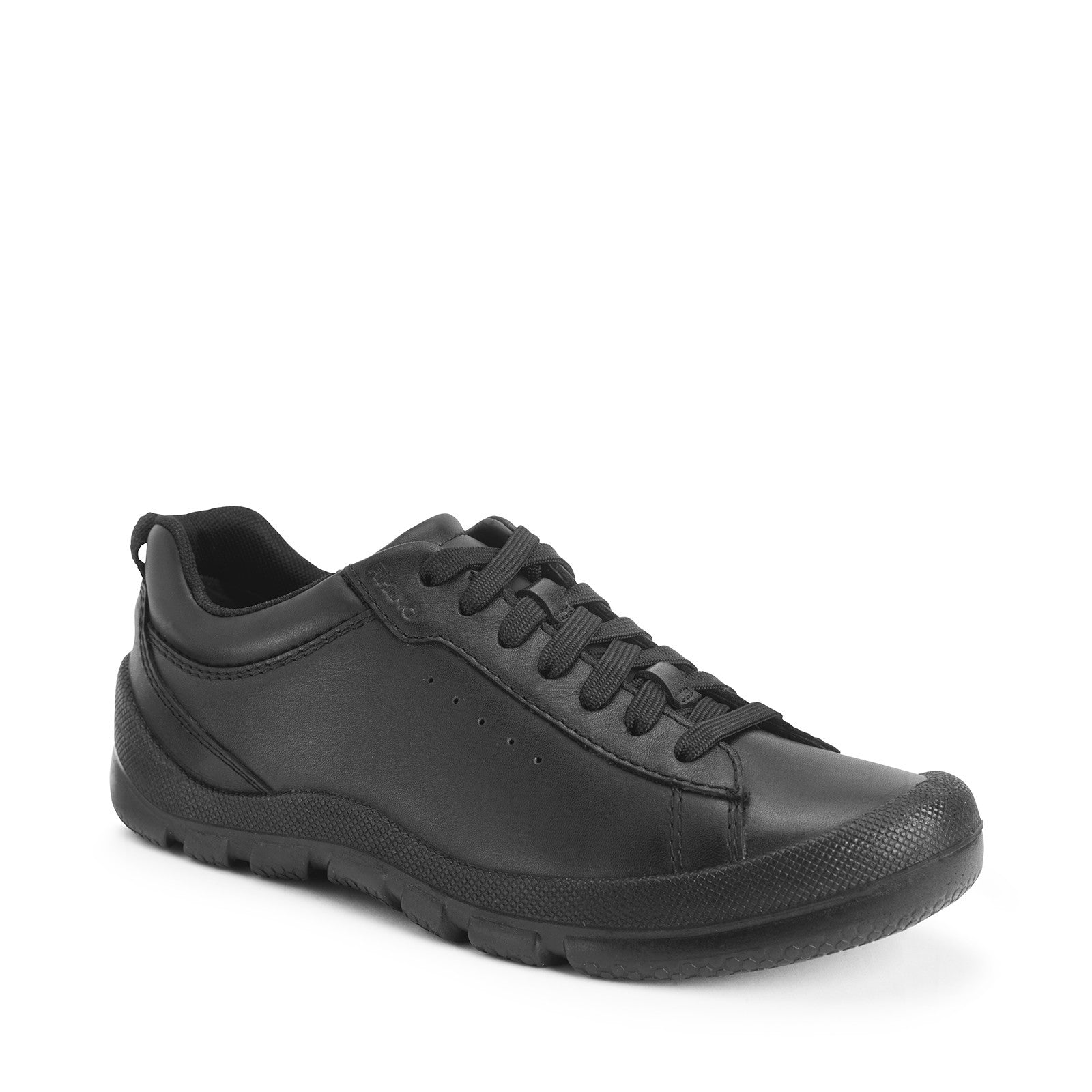 A boys casual school shoe by Start Rite, style Rhino Challenger, in black leather with lace fastening. Angled right sided view.
