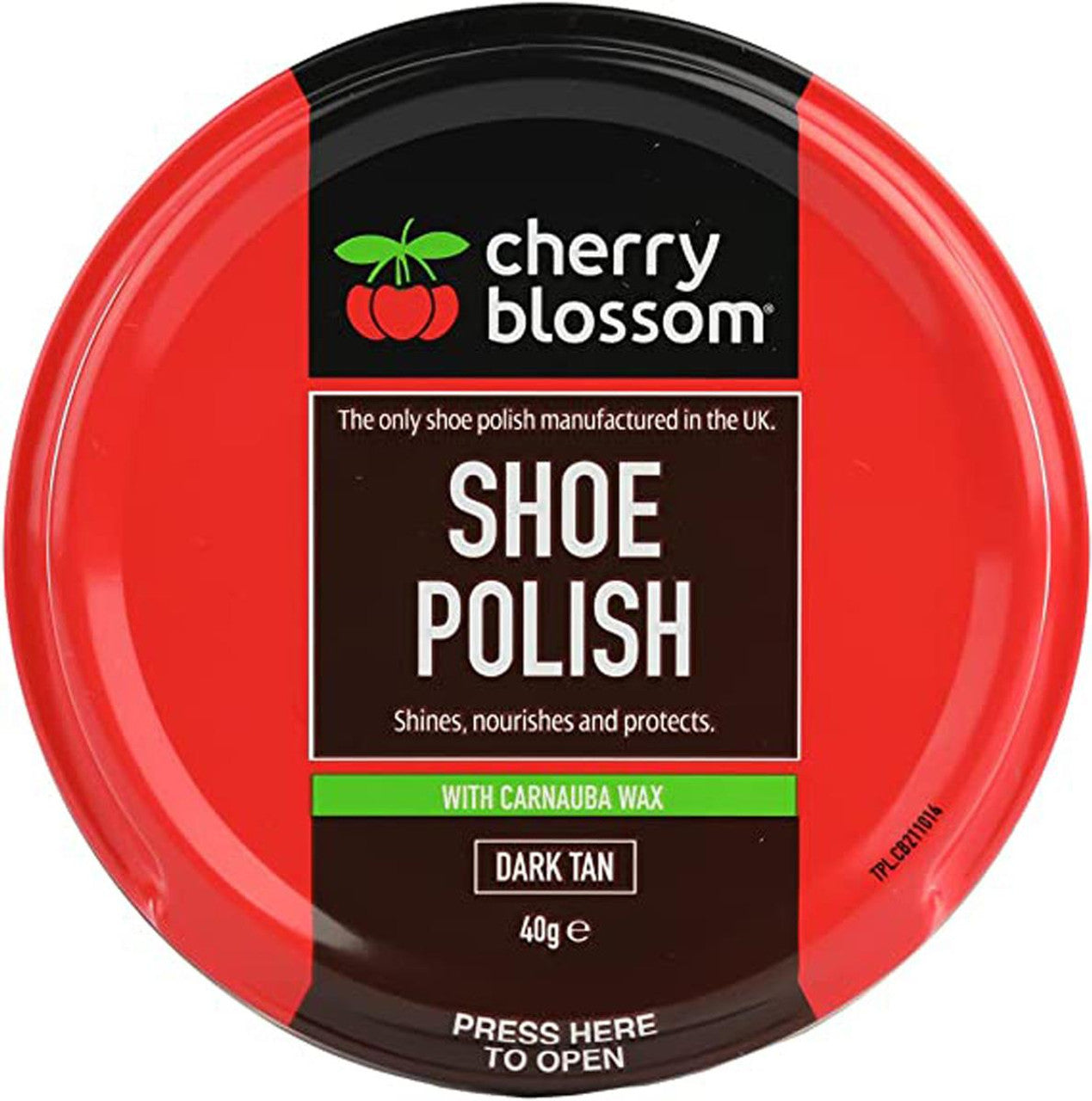 A tin of dark tan shoe polish by Cherry Blossom.