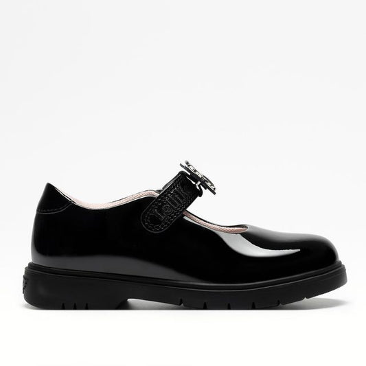 A Mary Jane school shoe by Lelli Kelly, style Delilah LKSO8936, in black patent with detachable embellished charm. Velcro Fastening. Right side view. 