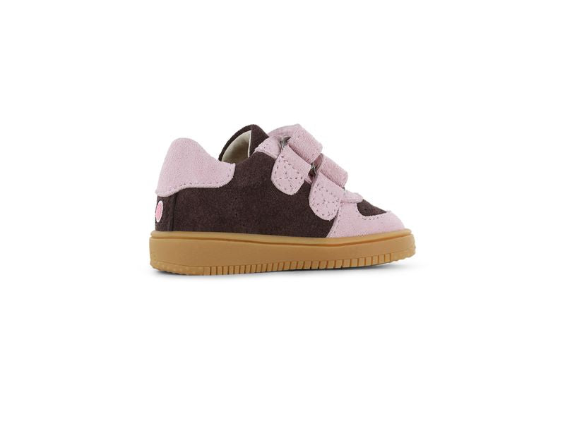 Shoesme Low Top Trainer in brown and pink with double Velcro strap and a gum sole. Inner left side view. 