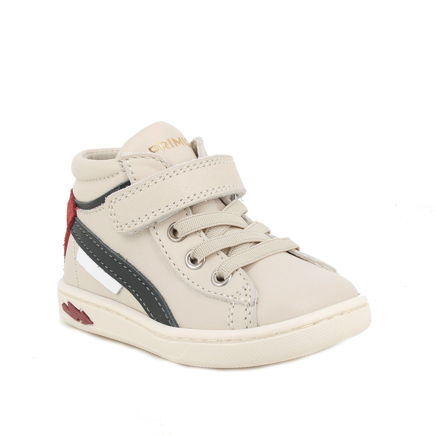 A boys high top trainer by Primigi, style 8904422 Baby Like, in off white multi with velcro fastening. Angled right side view.