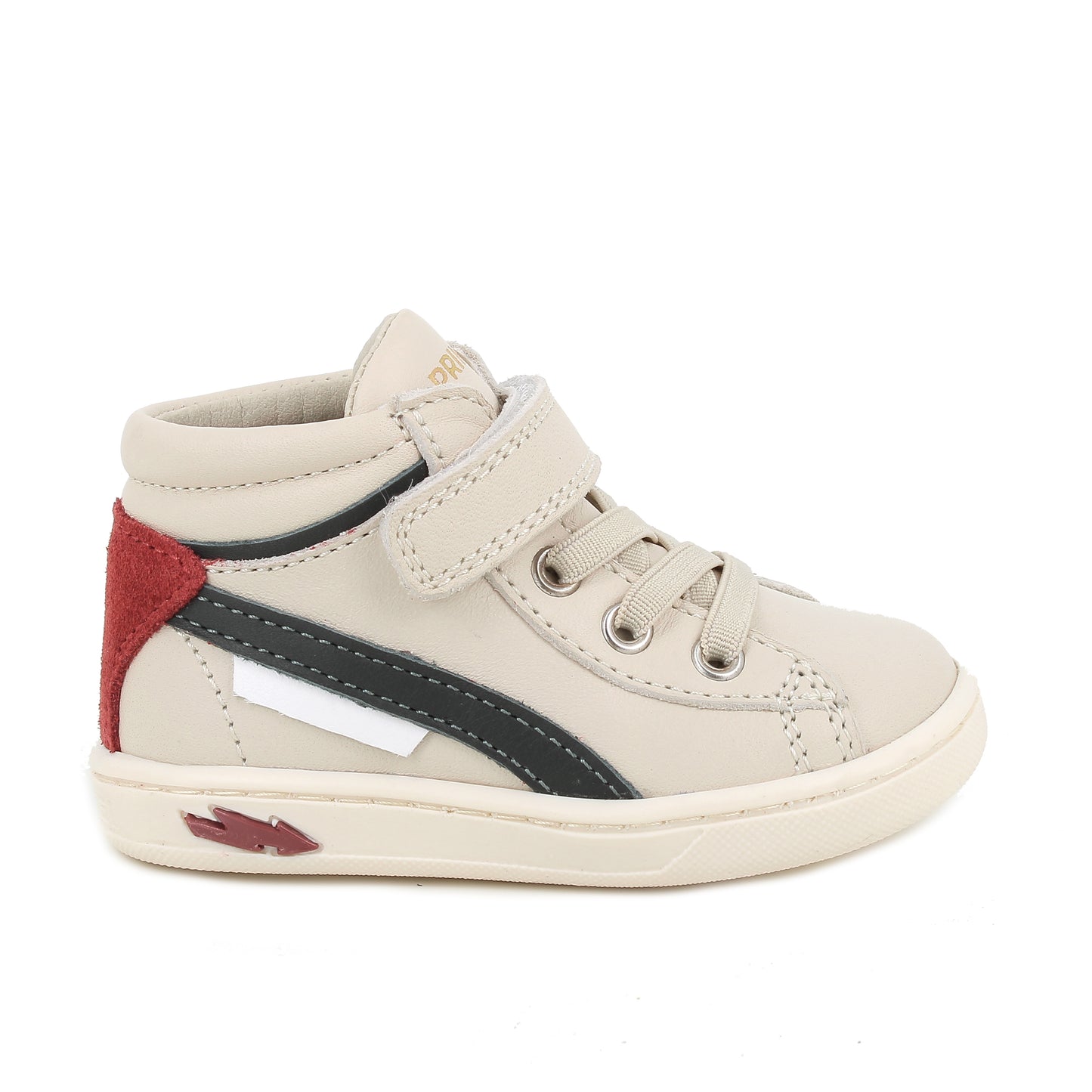 A boys high top trainer by Primigi, style 8904422 Baby Like, in off white multi with velcro fastening. Right side vew.