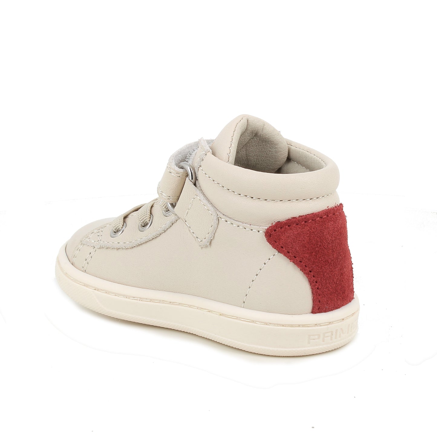 A boys high top trainer by Primigi, style 8904422 Baby Like, in off white multi with velcro fastening. Angled left side view.