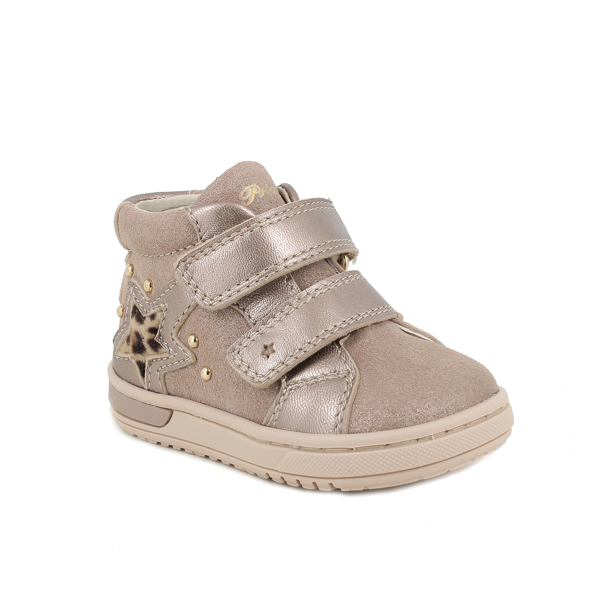 A girls high top trainer by Primigi, style 8906222 Baby Dude, in taupe with gold studs and leopard star detail. Double velcro fastening. Angled right side view.