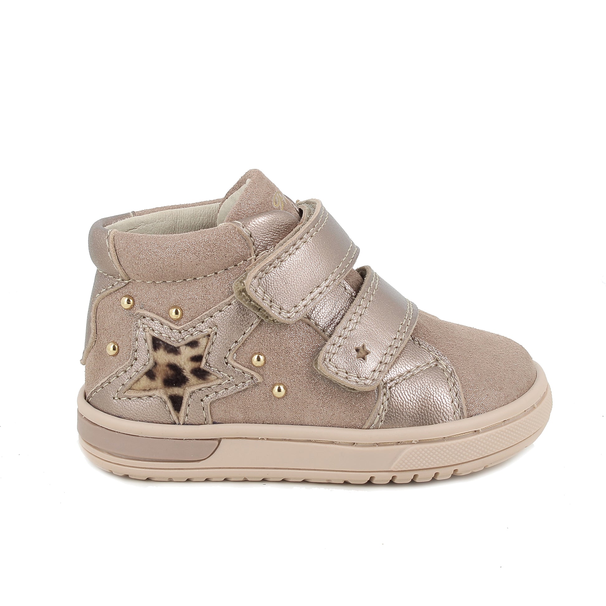 A girls high top trainer by Primigi, style 8906222 Baby Dude, in taupe with gold studs and leopard star detail. Double velcro fastening. Right side view