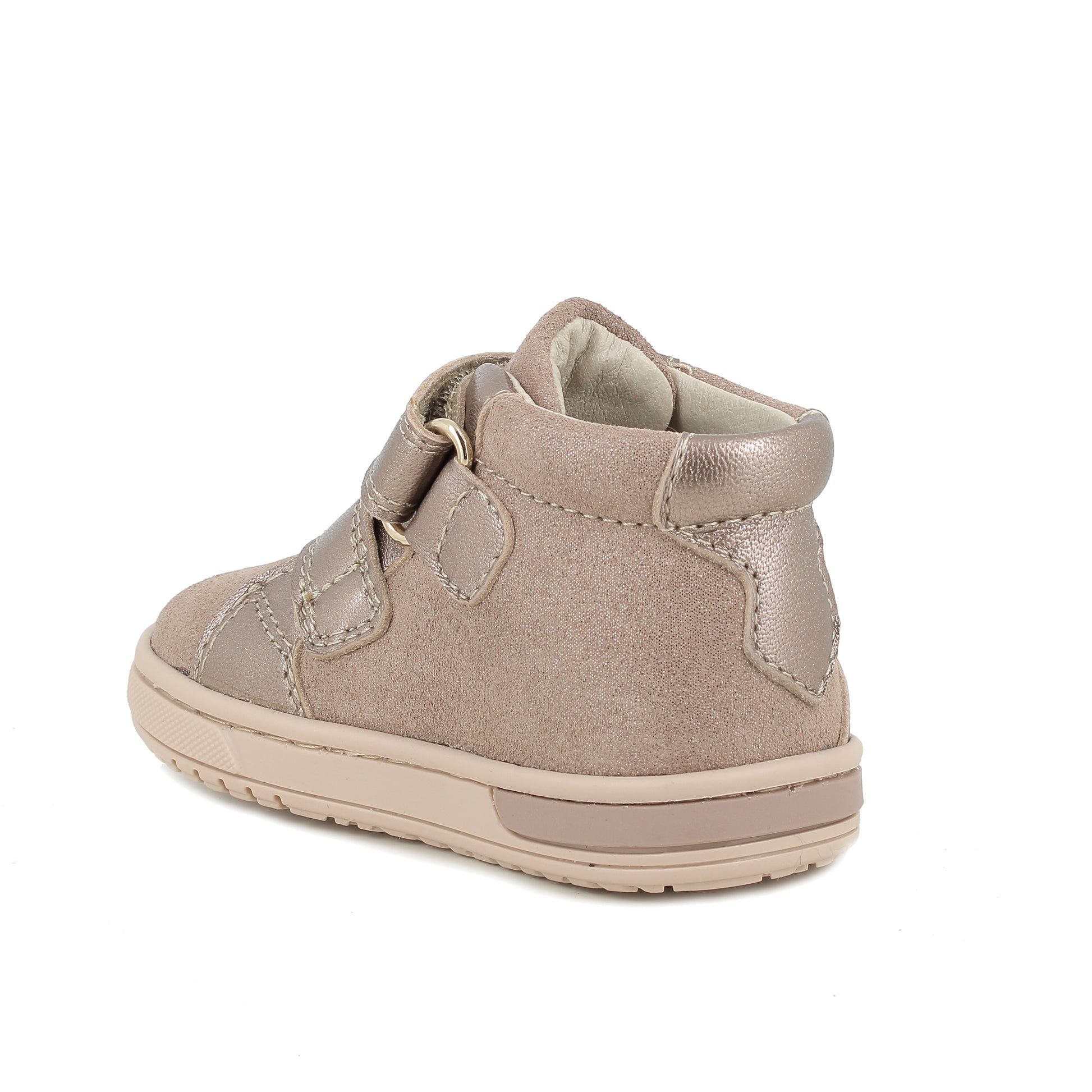 A girls high top trainer by Primigi, style 8906222 Baby Dude, in taupe with gold studs and leopard star detail. Double velcro fastening. Angled left side view.