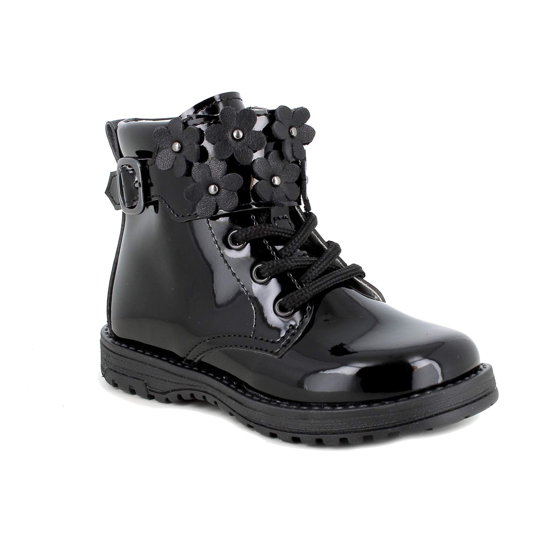 A black patent  ankle boot by Primigi, style 8913611 Serena, in black patent with flower detail and lace and zip fastening. Angled right side view.