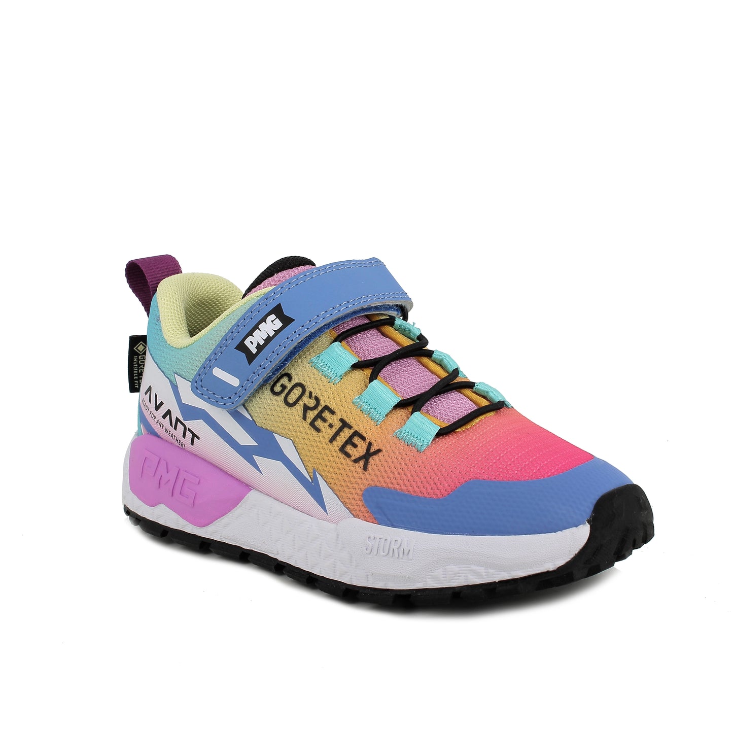 A girls waterproof trainer by Primigi, style 8916599 B&G Storm, in pastel multicolour with velcro fastening. Angled right sided view.