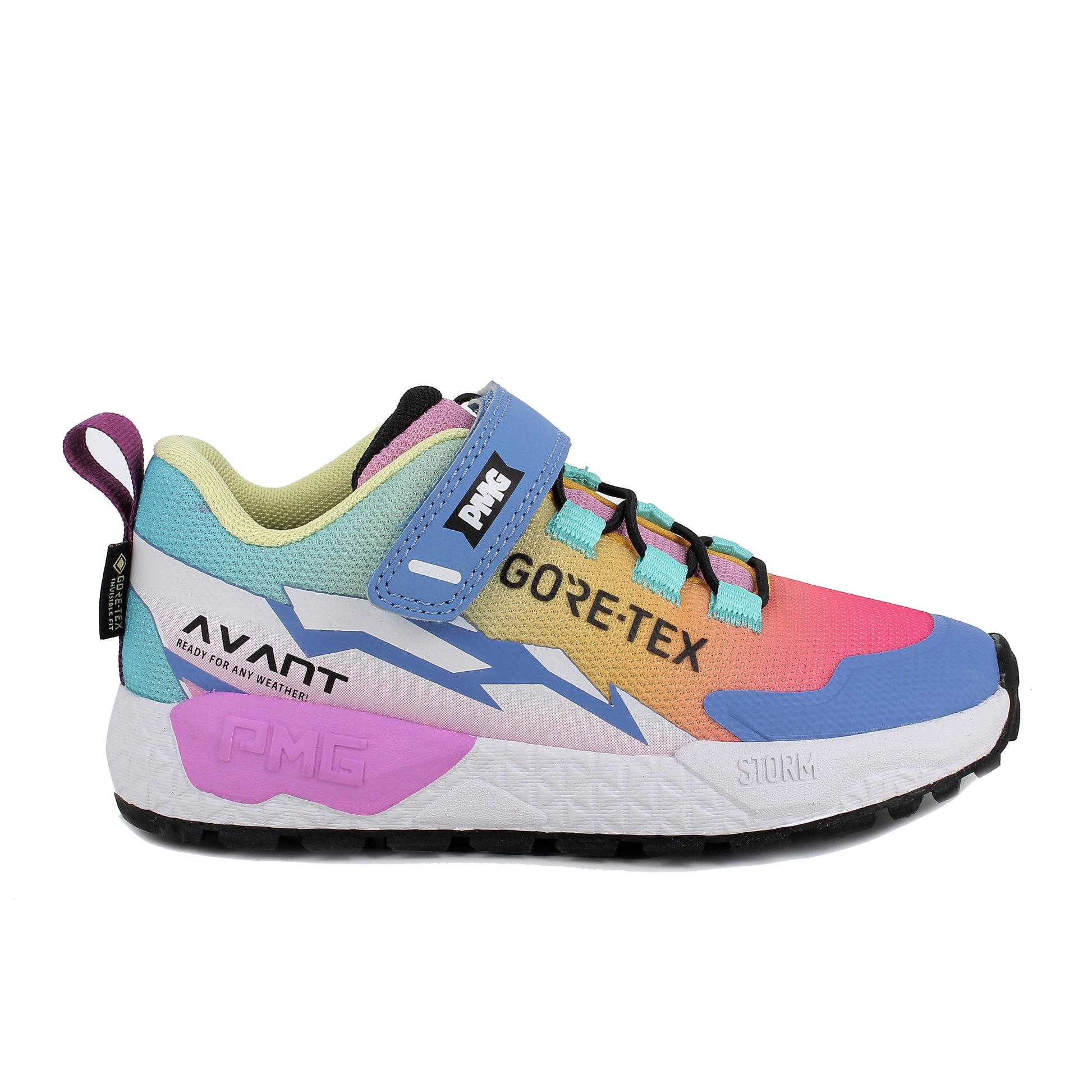 A girls waterproof trainer by Primigi, style 8916599 B&G Storm, in pastel multicolour with velcro fastening. Right side view.