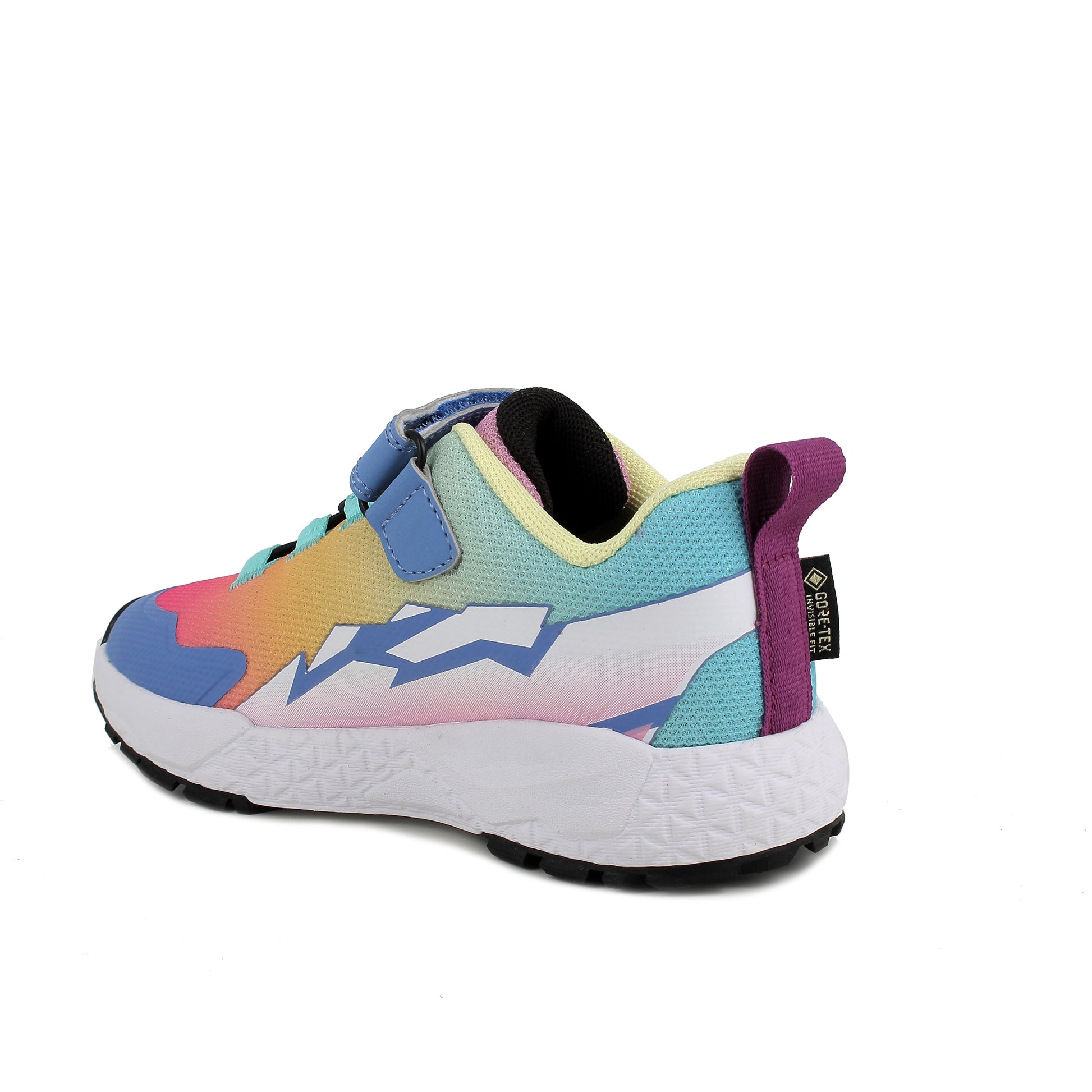 A girls waterproof trainer by Primigi, style 8916599 B&G Storm, in pastel multicolour with velcro fastening. Angled left view.