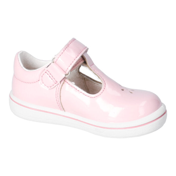 A girls T-Bar shoe by Ricosta, style Winona, in pale pink patent with velcro fastening. Inside view.