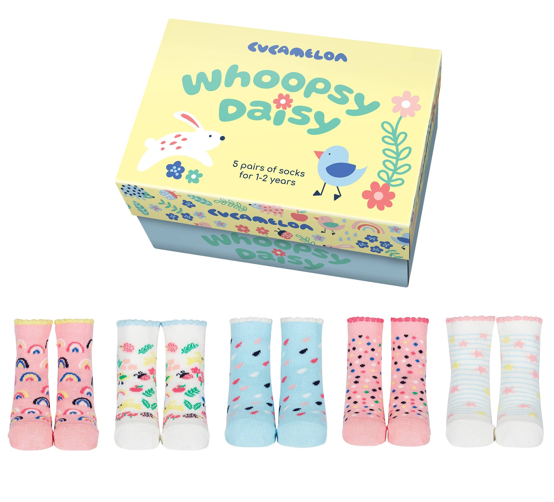 5 pairs of multicoloured girls socks by Cucamelon, style Whoopsy Daisy and Whoopsy Daisy yellow and blue gift box. Front view.