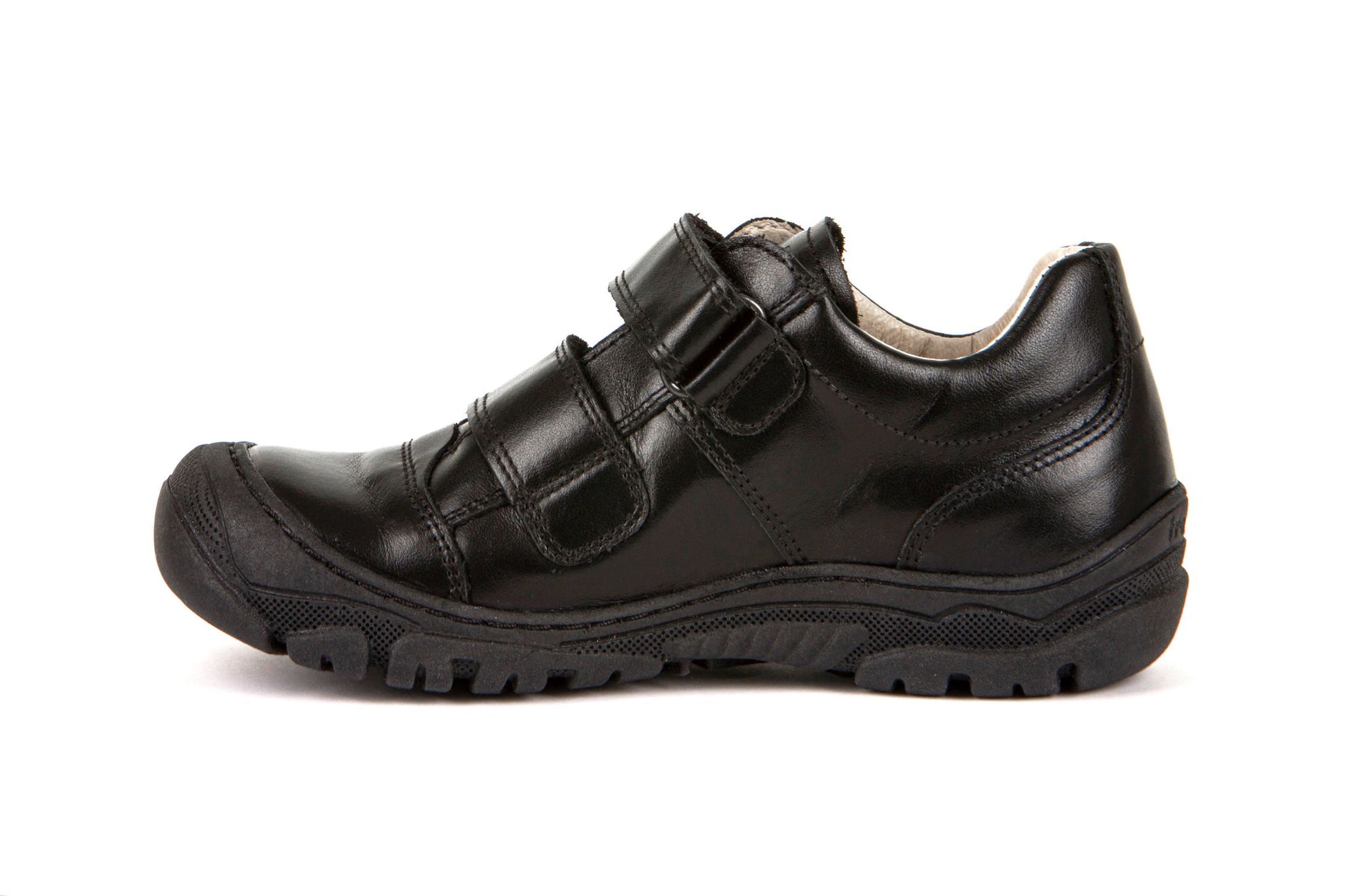 A boys school shoe by Froddo, style G3130188 Leo, in black leather with double velcro fastening. Left side view.