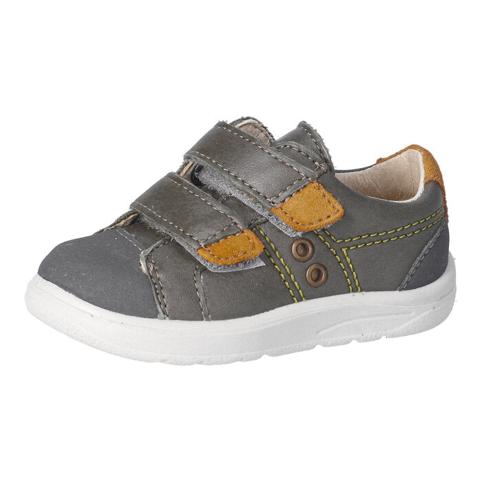 A boys casual shoe by Ricosta, style Nippy, in green with mustard trim and velcro fastening. Right side view.