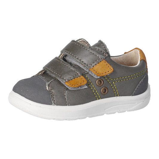 A boys casual shoe by Ricosta, style Nippy, in green with mustard trim and velcro fastening. Right side view.