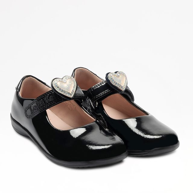 A girls Mary Jane school shoe by Lelli Kelly, style LKSO8467CVR Sabrina, in black patent with detachable heart embellished attachment. Velcro fastening. Angled view of a pair.