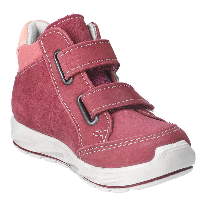 A boys waterproof boot by Ricosta, style Carlo, in blue multi with double velcro fastening. Angled view.