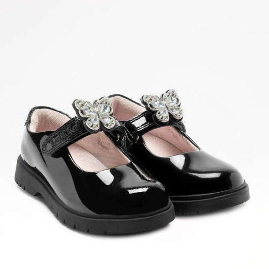 A girls Mary Jane school shoe by Lelli Kelly, style LKSO8964CVR Selena, in black patent with detachable butterfly embellished attachment. Velcro fastening. Angled view of pair.