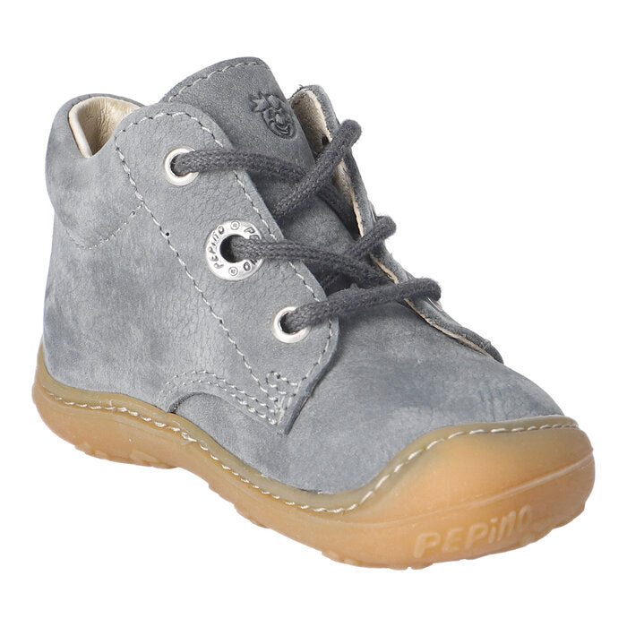 A unisex casual ankle boot by Ricosta, style Cory in space/barbados, with grey laces and toe and heel bumpers. Angled inner left side view
