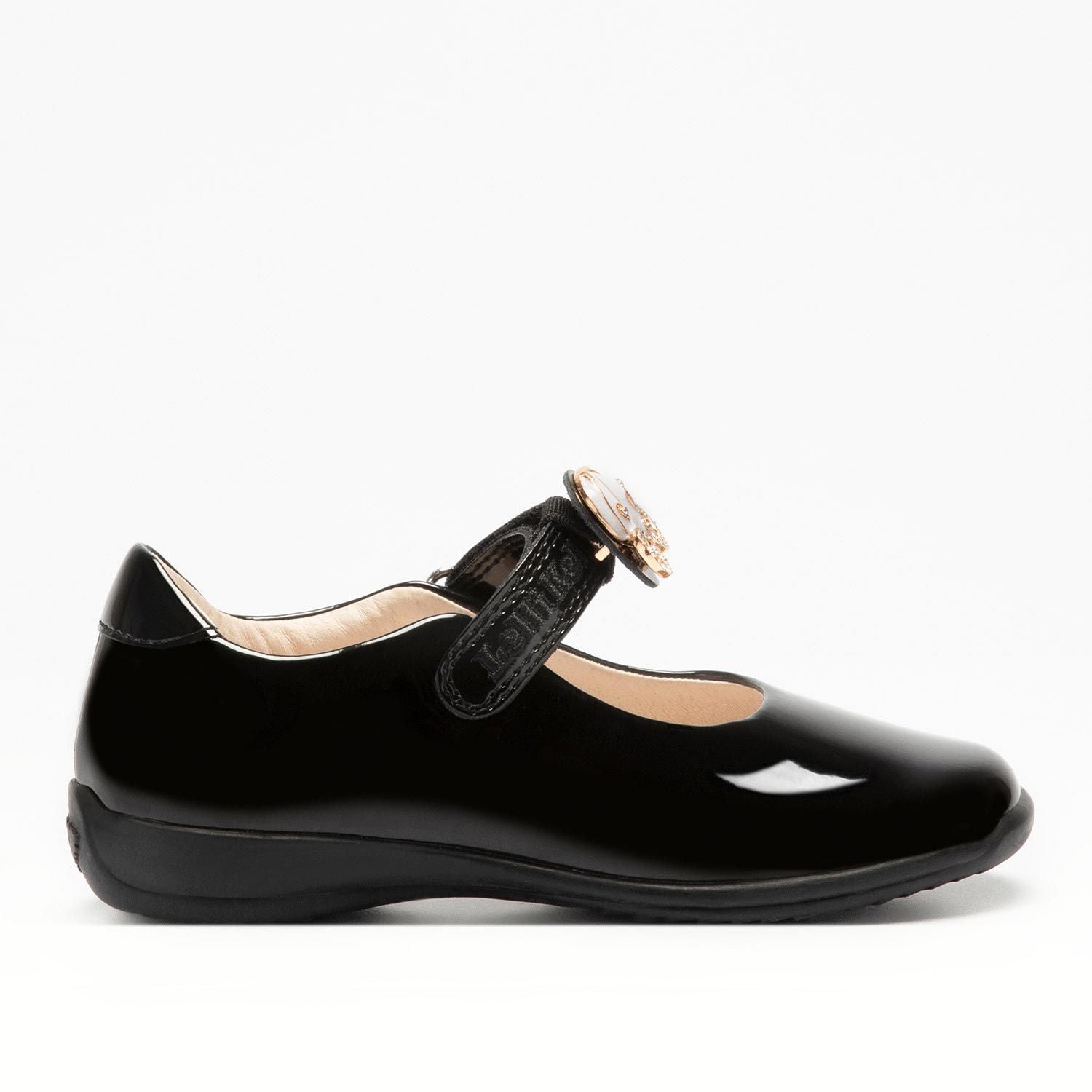 A girls Mary Jane school shoe by Lelli Kelly, style LK8119 Ella, in black patent leather with velcro fastening and detachable gold/white pumpkin carriage. Right side view.