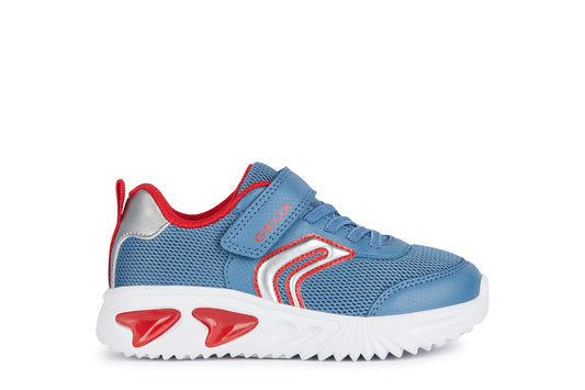 A boys light up trainer by Geox, style J Assister, in blue and red with velcro and bungee lace and velcro fastening. Right side view.