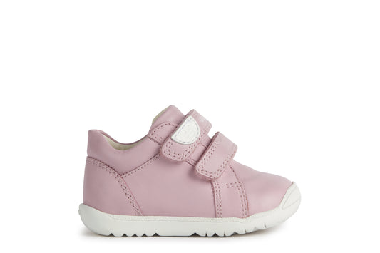 A girls shoe by Geox, style B Macchia, in pink leather with white trim and double velcro fastening. Right side view.