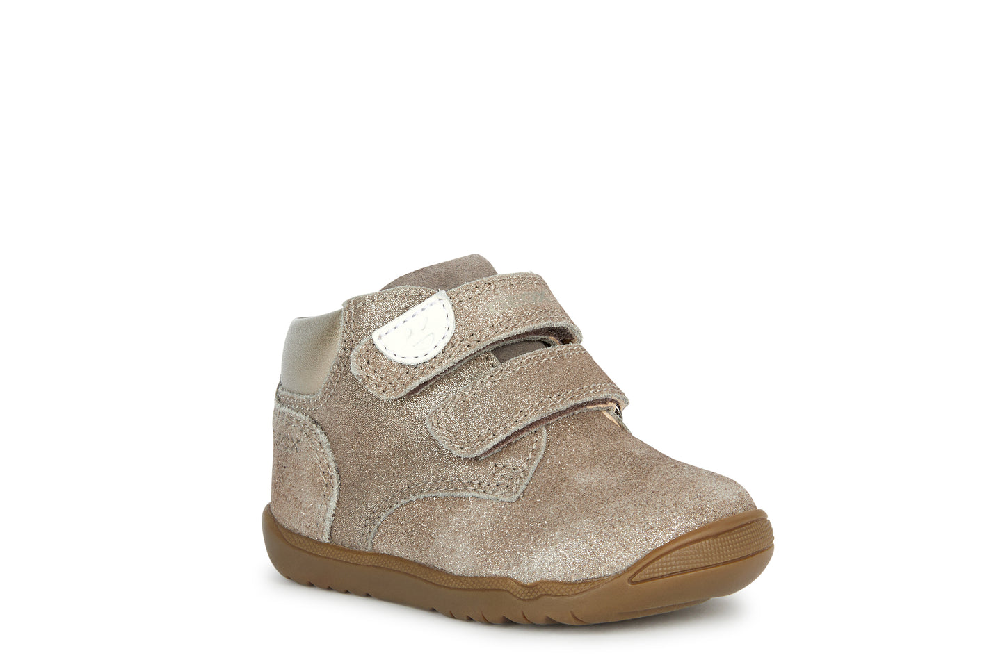 A girls ankle boot by Geox, style Macchia, in smoke grey with two velcro straps and front and heel bumpers. Right side view